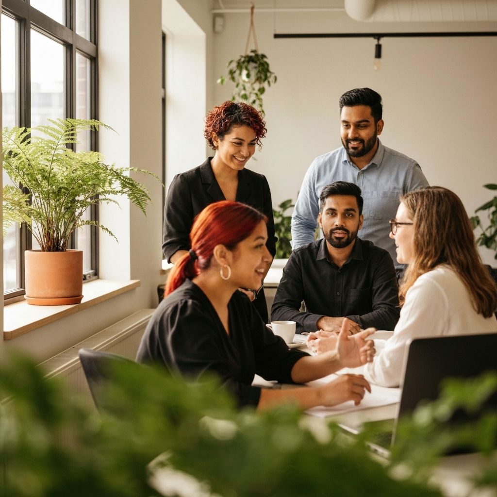 Equipo colaborando en un espacio de trabajo moderno